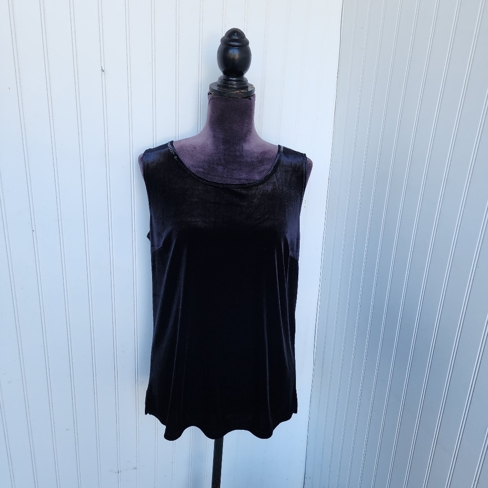 NWT Quaker Factory Top Set Women Black Sequins Velvet Stretch Formal Sleveless M